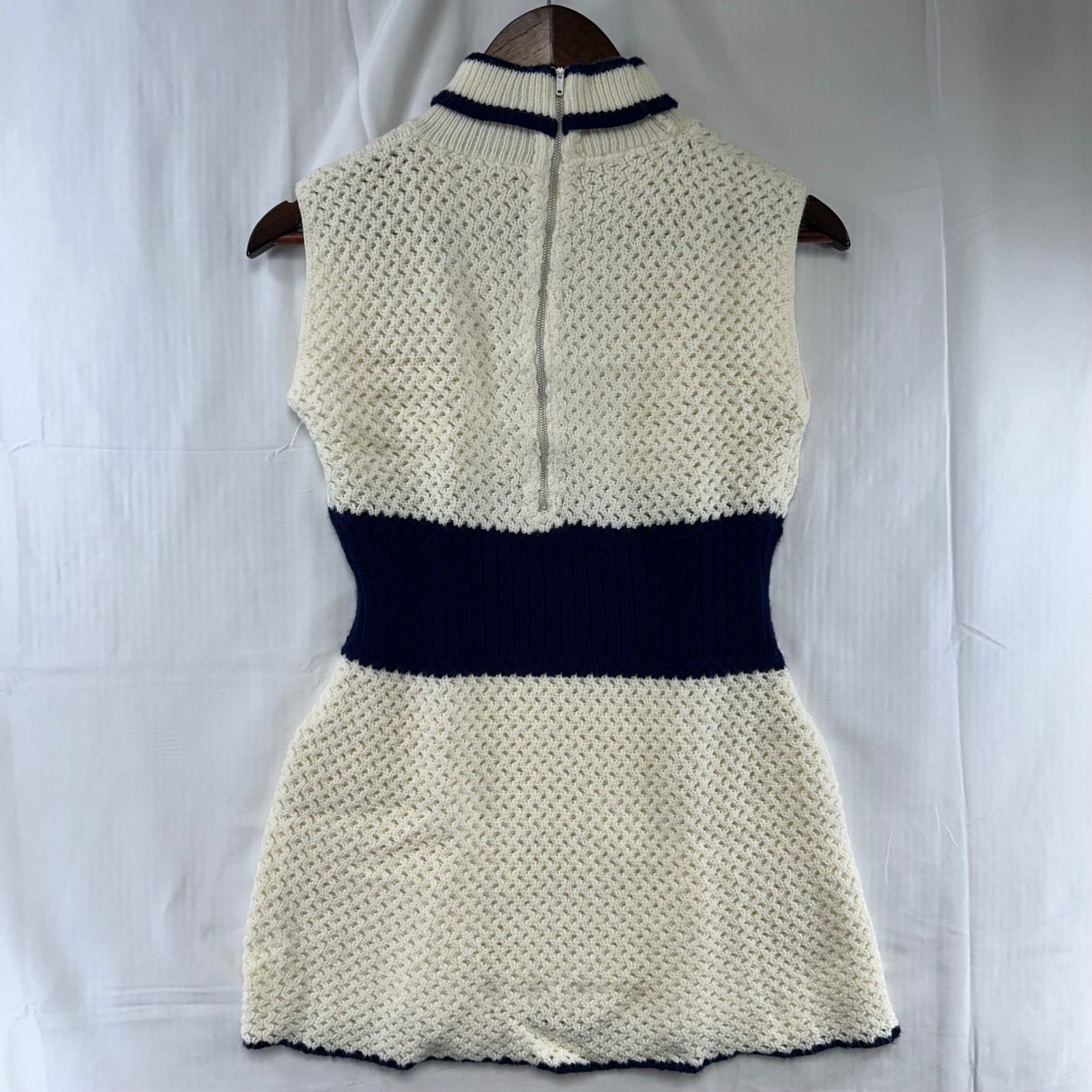 Tunic Women Small Cream Navy Blue Mod Ribbed Waist Mock Neck Zip Back Handmade
