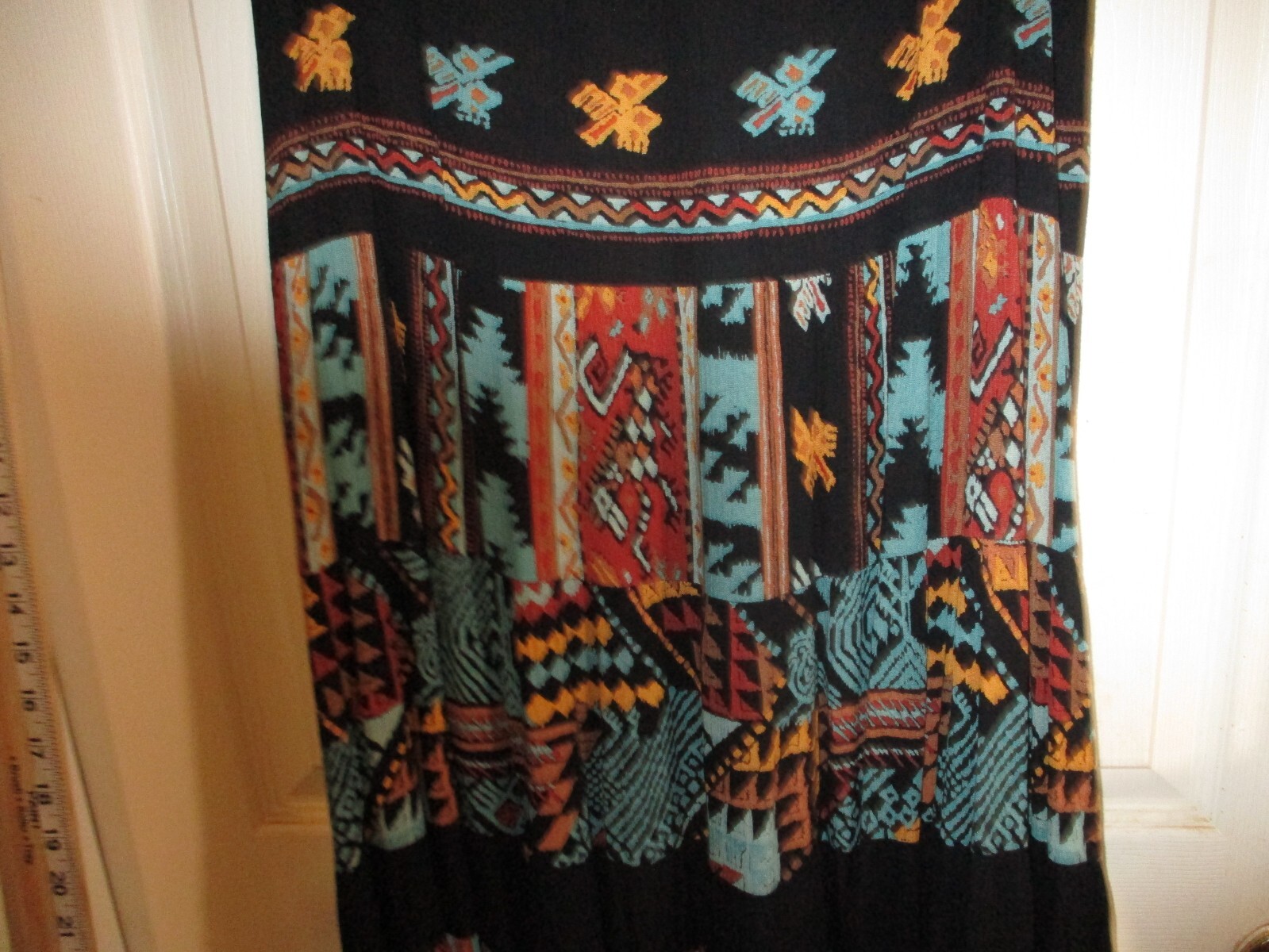 Vintg Carole Little St Tropez West Rayon Gauze Maxi Black Turquoise SW Print M-L