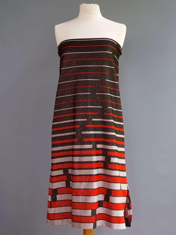 VTG 70s Mod Metallic Dress Maxi Skirt Graphic Line Black Red Silver Stretch M L