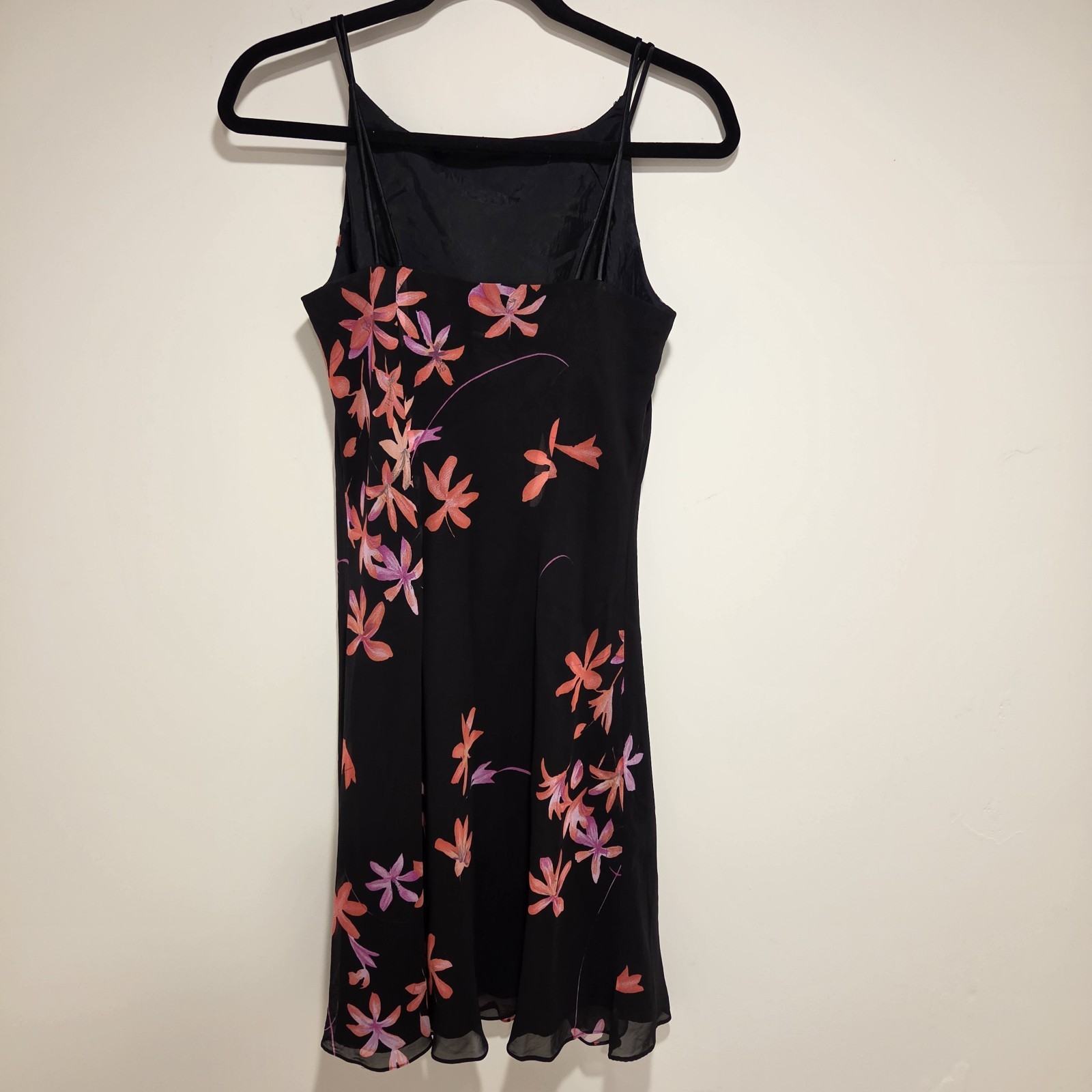 Vintage Y2K 90s Floral Dress 6 Spaghetti Strap Black Party Vacation Flutter Hem