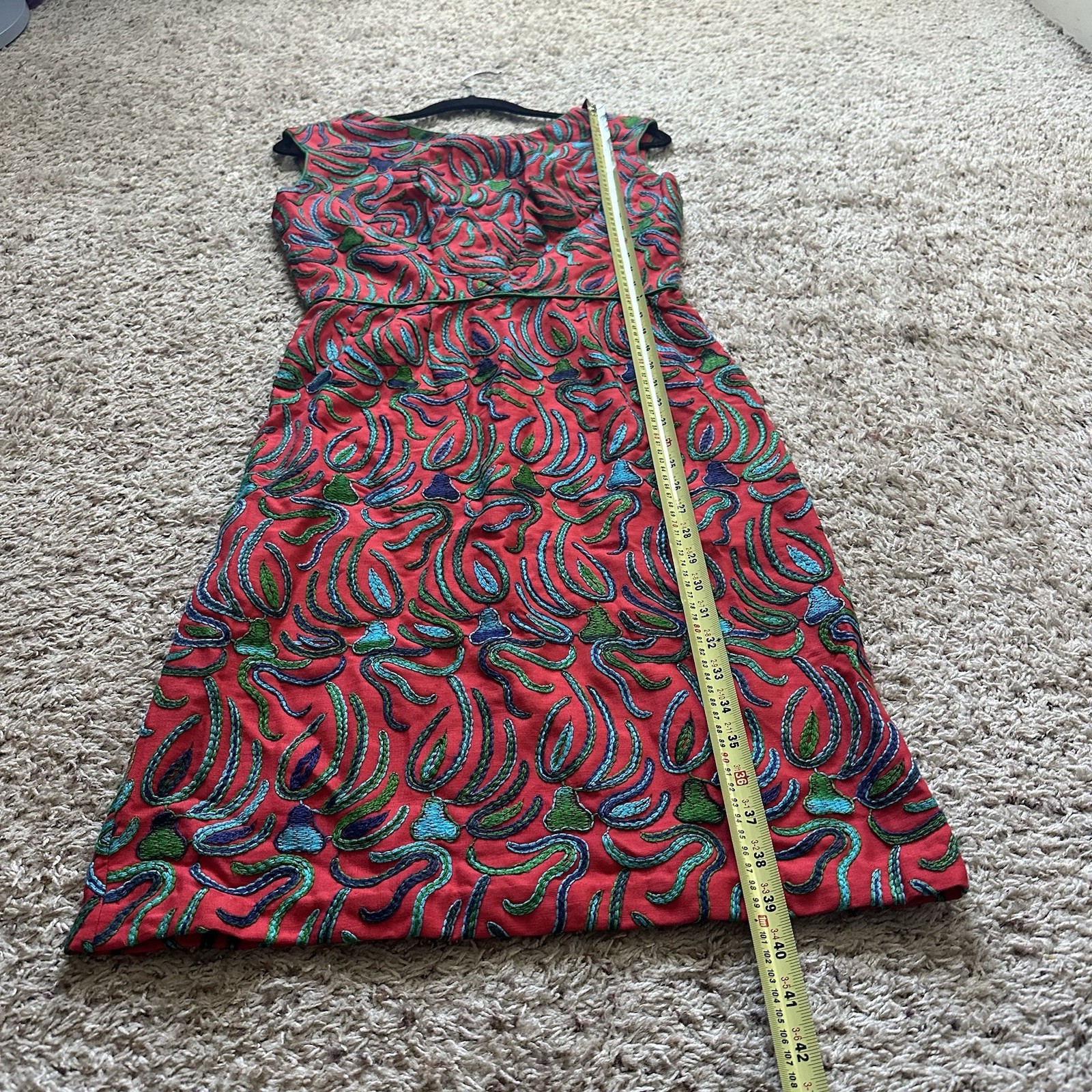 VTG Women’s 1960’s A Line Pencil Skirt Dress Red & Blue Embroidered Size 10