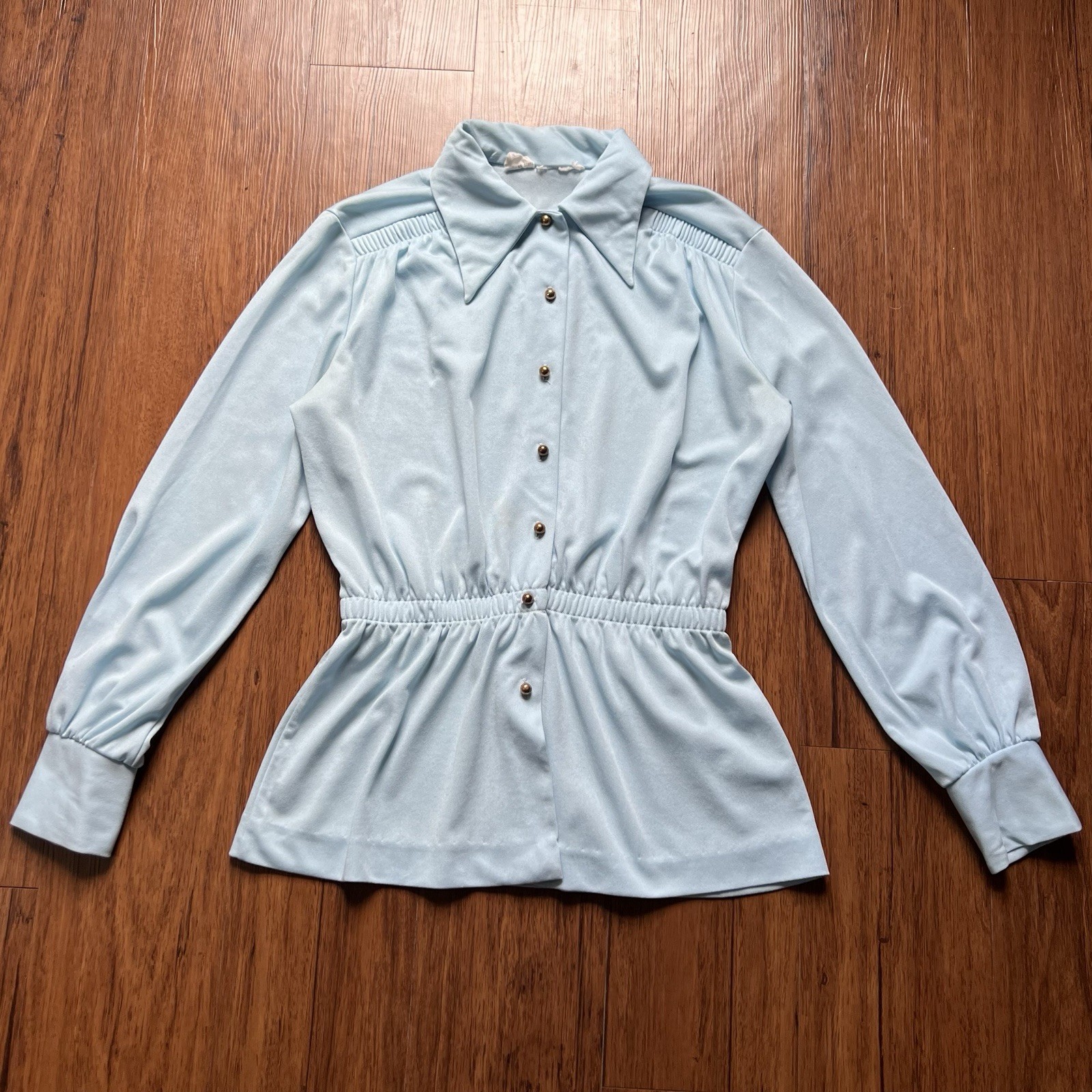 Vtg 70s Dagger Collar Blouse Medium Light Blue Disco Secretary Top Elastic Waist