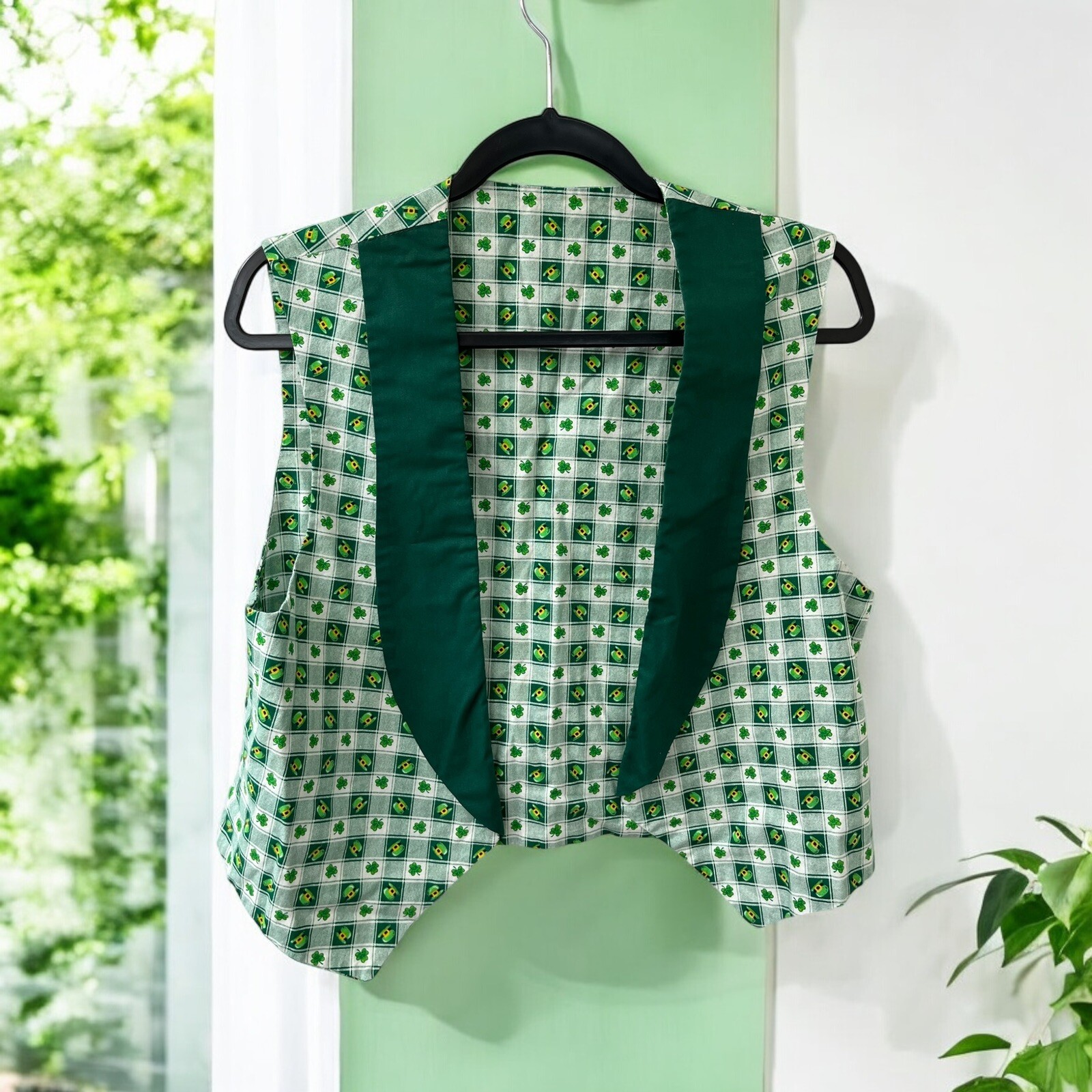 Handmade St. Patricks Day Shamrock Vest Clover Green White Plaid Leprechaun Hat