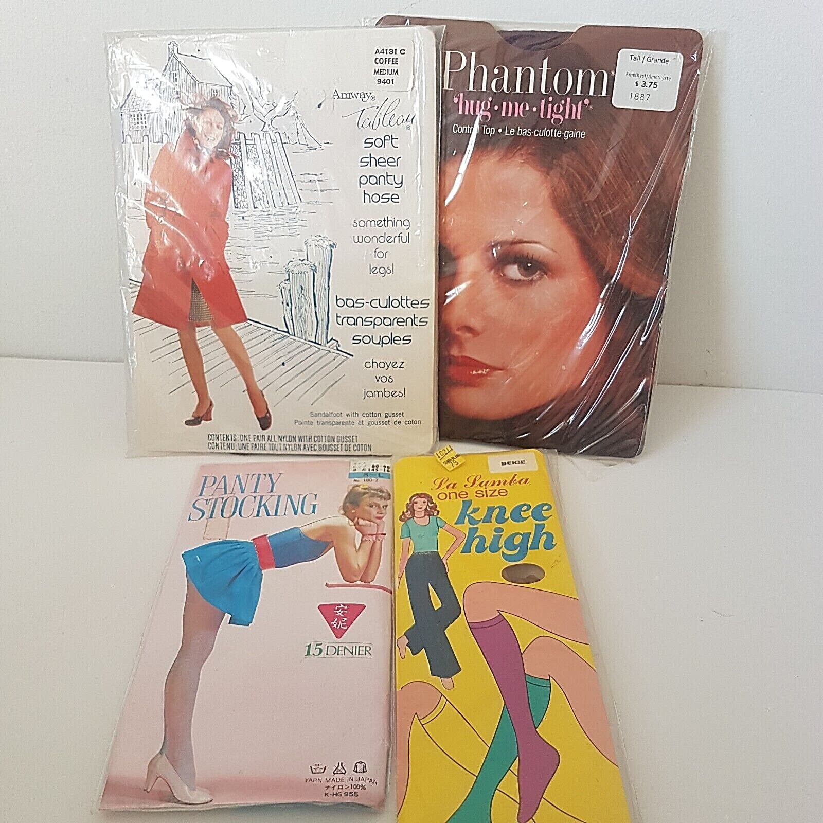 Vintage PANTY HOSE Kneehigh FRENCH Lot Of 4 Nylon Various Brands Canada US Japan