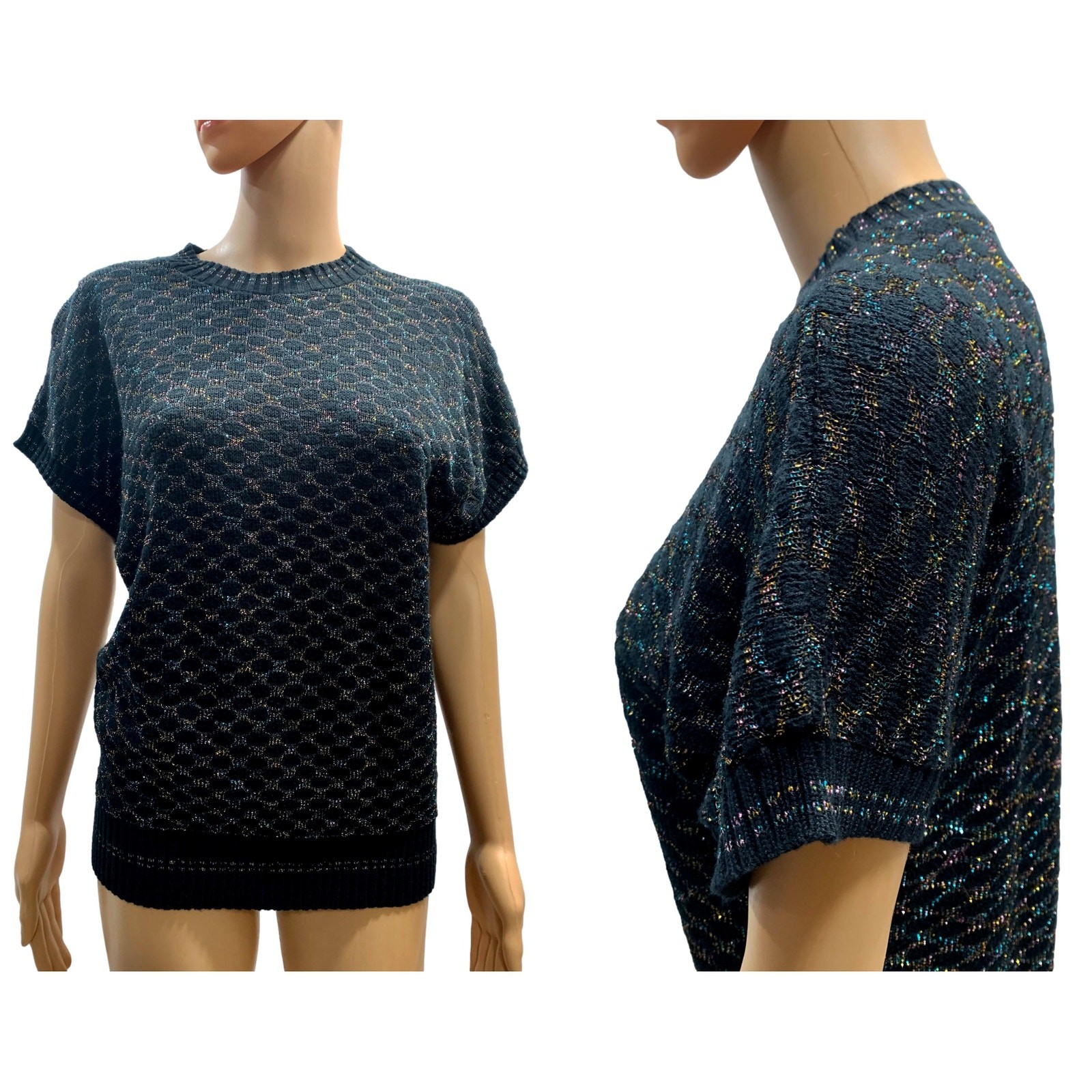 70s Kenneth Too Black Metallic Knit Sweater Top | Rainbow Lurex Vest XS/S