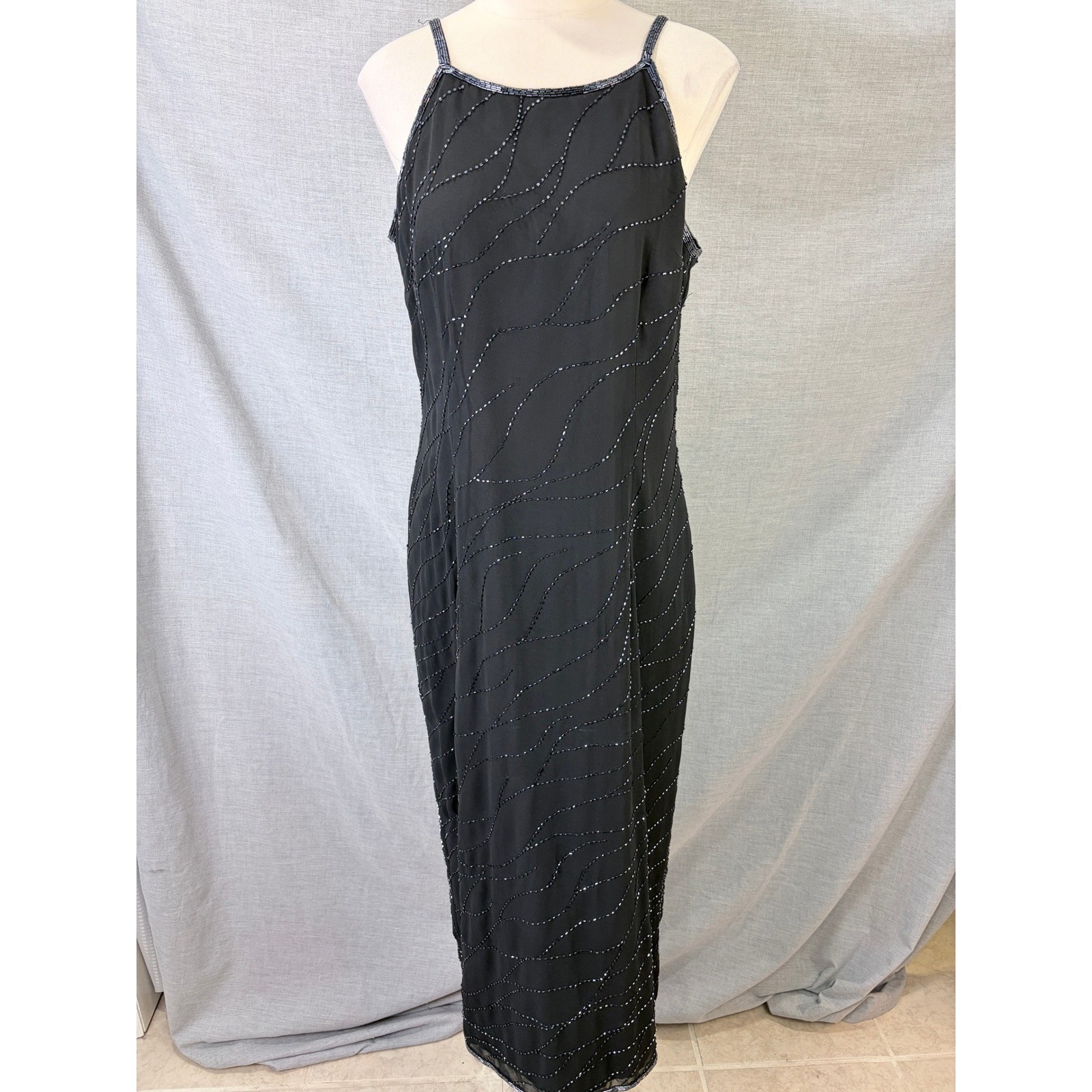 Onyx Nite Black Iridescent Beaded Slip Gown Formal Maxi Dress Vintage 12