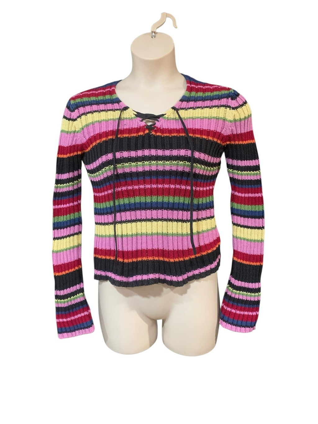 Vntg Y2K Women’s Next Era lace up Striped Knit Sweater, Size L Multi-color