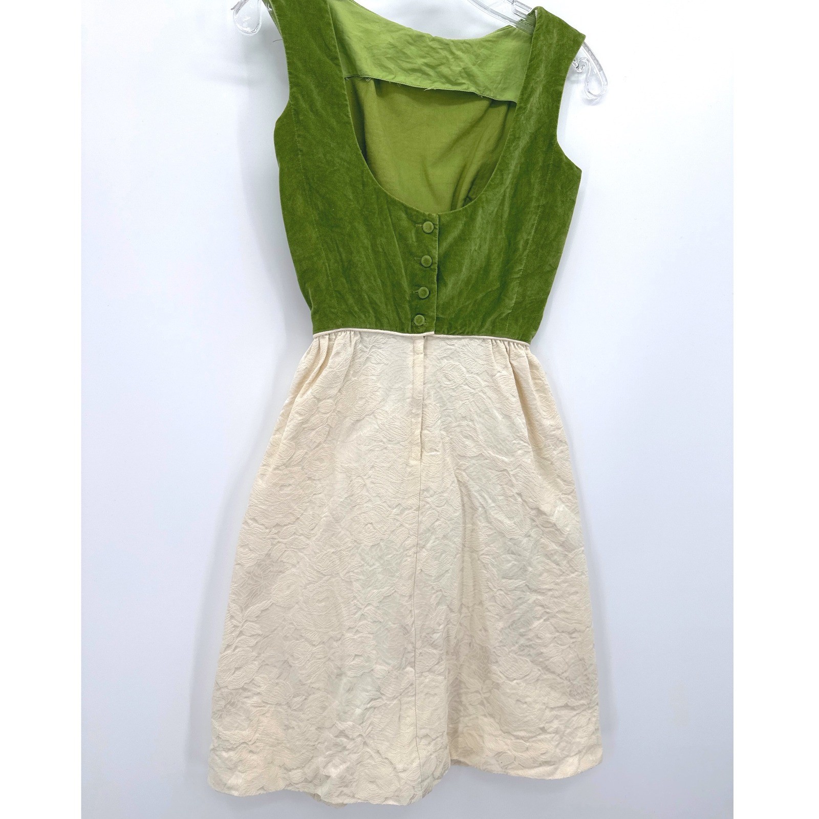 VTG 1960’s Green Velvet Cocktail Dress Cream Floral Brocade Luxury Rockabilly