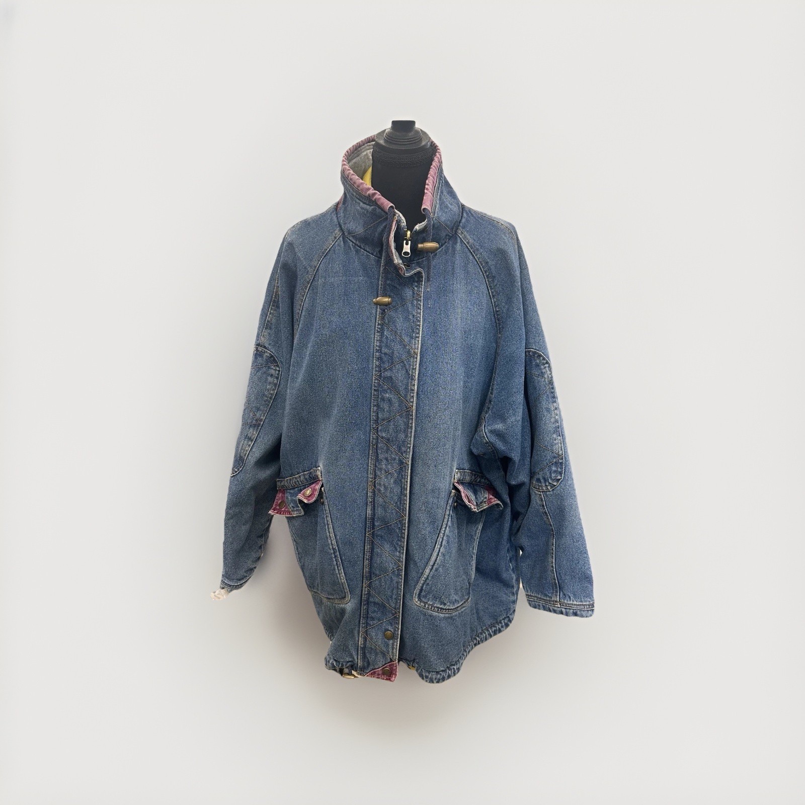 Vintage Reversible Denim Long Jacket With Grey Sweatshirt Interior Size 22 Wide