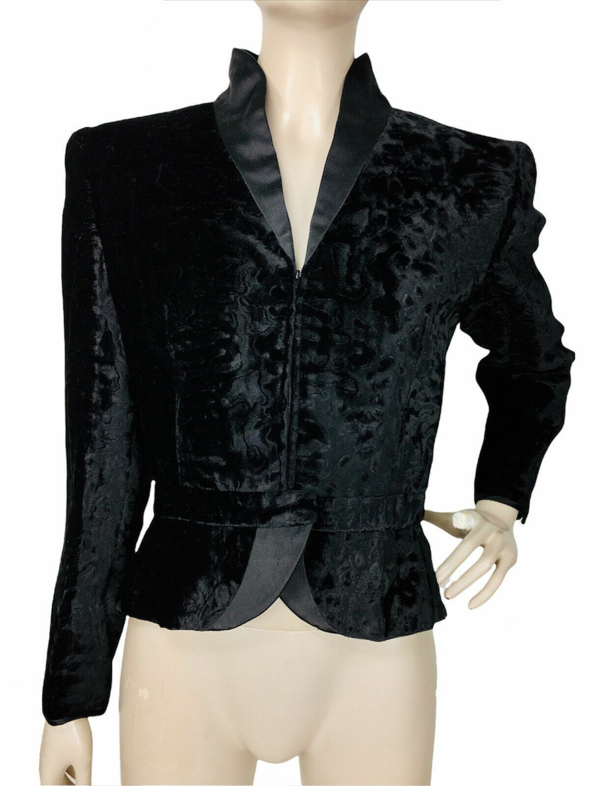 Vintage Black Crushed Velvet Animal Print Satin Trim High Shoulder Peplum Jacket