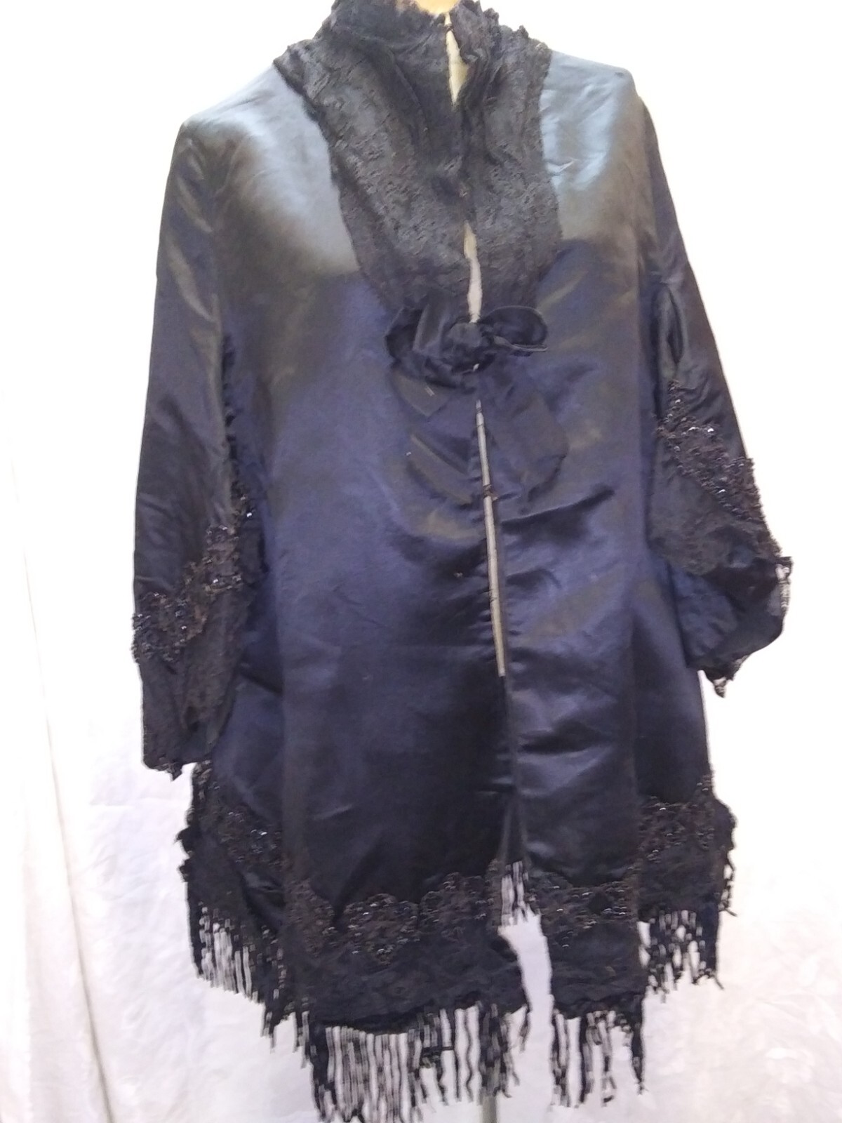 Vintage 1890’s 1900’s Black Satin Rayon Beaded Fringe Lace Coat Size M/L
