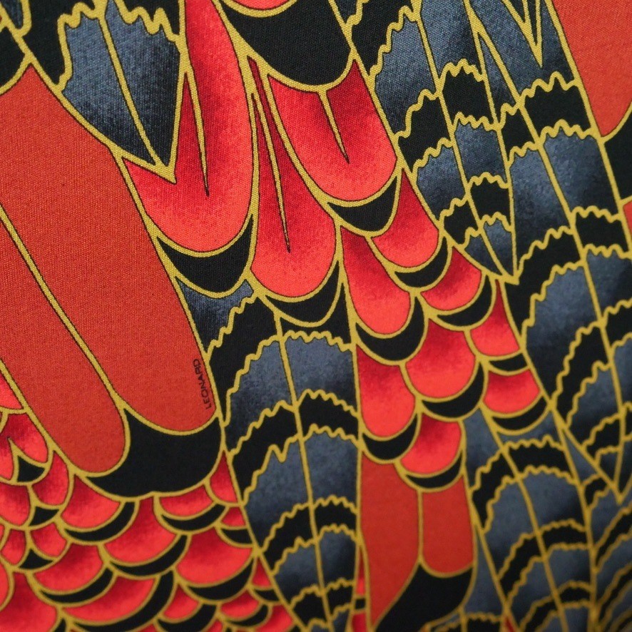Vintage Leonard Fashion Paris Silk Velvet Feather Print Midi Dress Luxury 80s