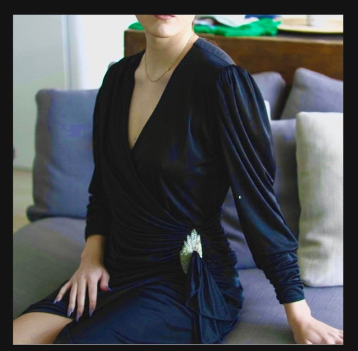 RARE Vintage 1980s Black Filigree Draped Cocktail Dress — Rhinestone Brooch Deta
