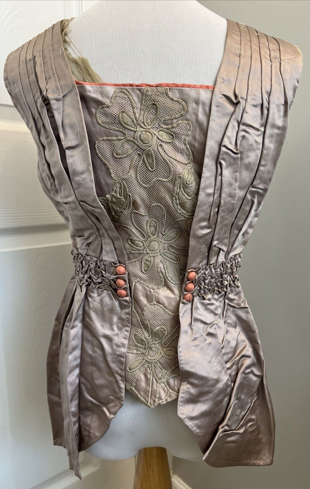 Antique c. 1900 Edwardian Lavender Satin & Coral Ladies Bodice Dress Top