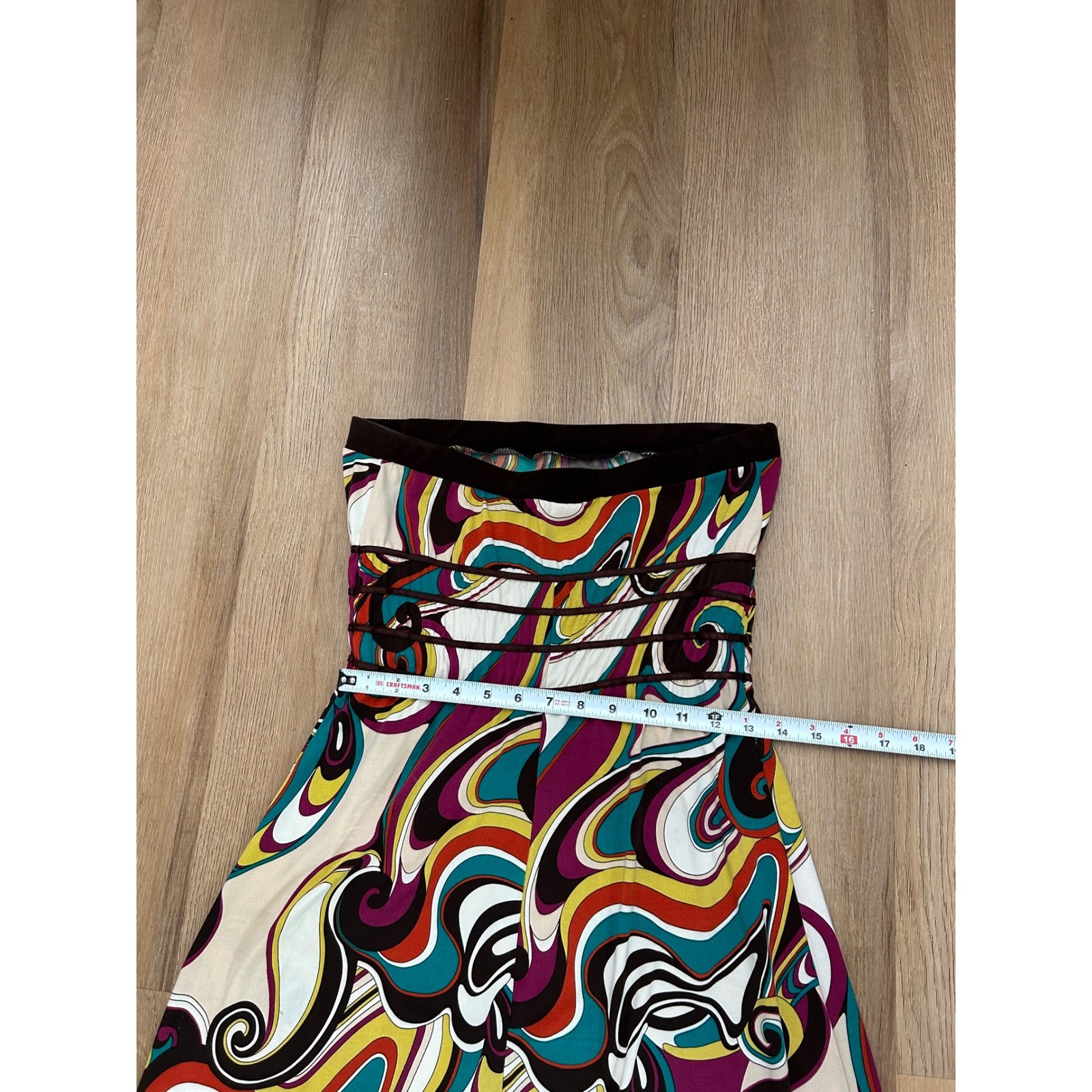 Vtg Strapless Maxi Dress Psychedelic Swirl Print Brown Multi M boho Funky resort