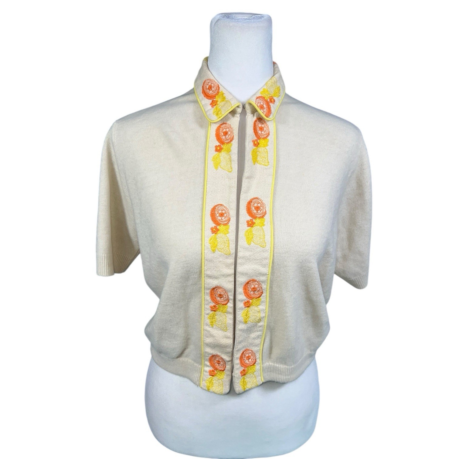 CITRUS FRUIT SALAD KNIT SWEATER ART DECO SWING ROCKABILLY VTG MCM MOD CARDIGAN