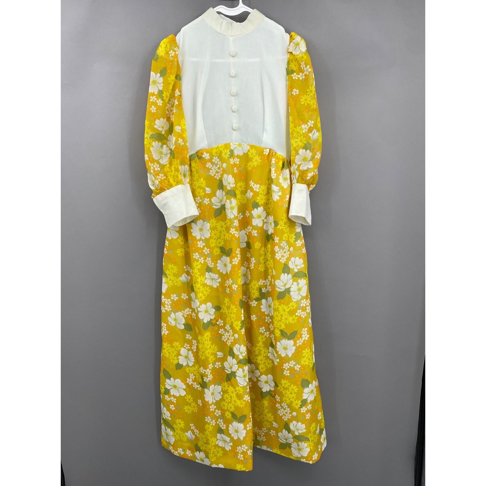 Vintage Flower Power Maxi Dress Womens Small Yellow Floral 70s Mod Psychedelic