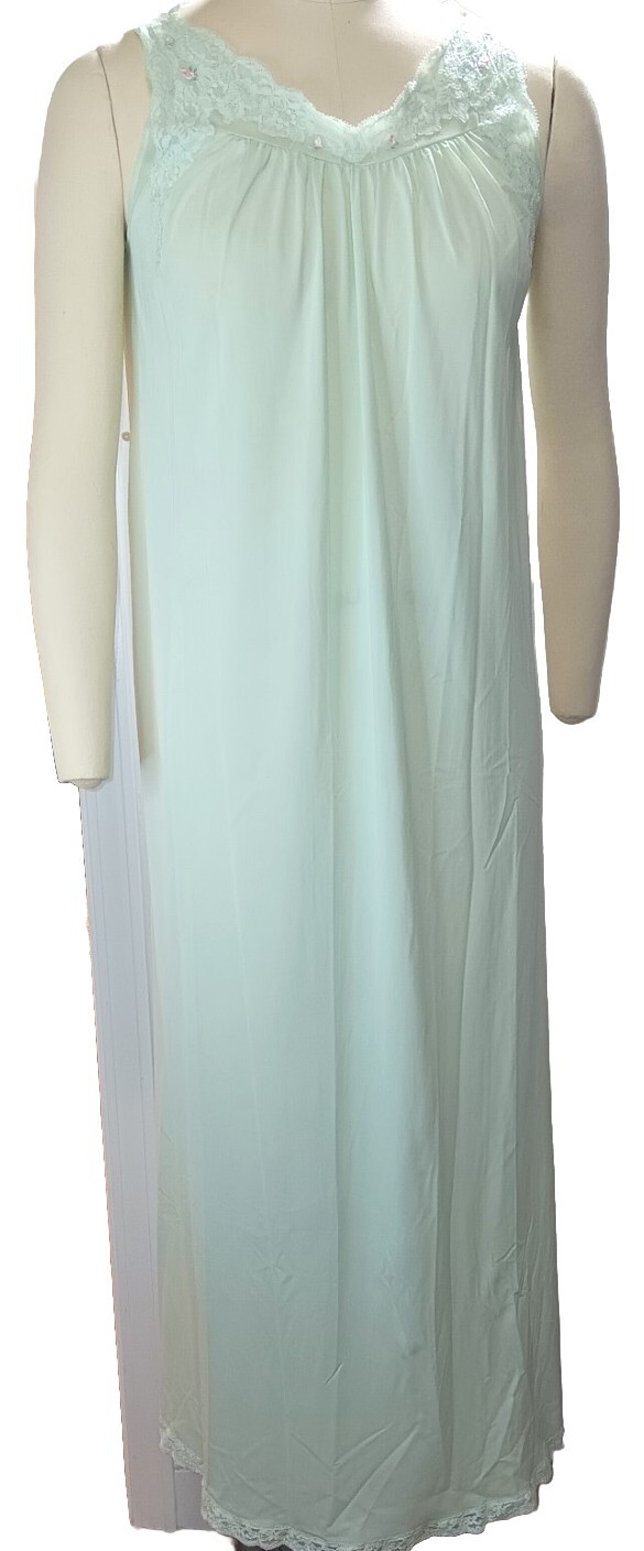 Vtg ShadowLine Pullover Long Nightgown Sz Sm Mint Green Lace Pink Rose Nylon USA