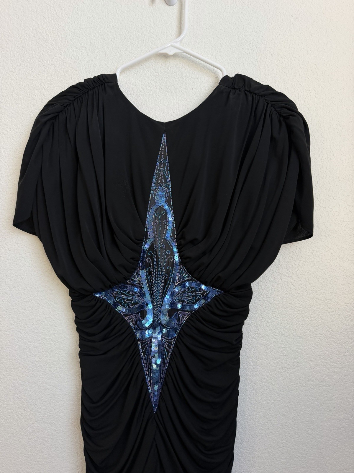 VTG 80s Casadei Black Beaded Dress Small Draped Ruched Lace Evening Dynasty Era