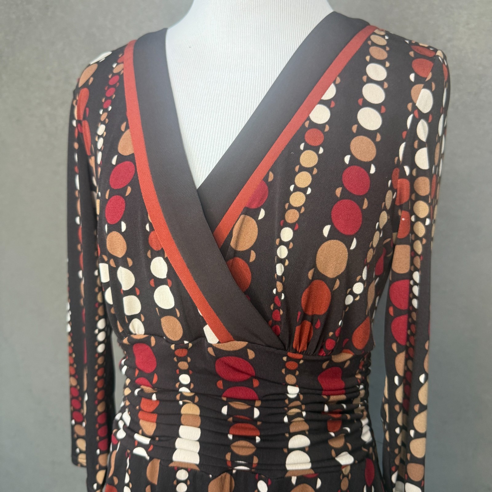 Studio I Petite Brown Dot Print Faux Wrap Dress Long Sleeve Size 12P