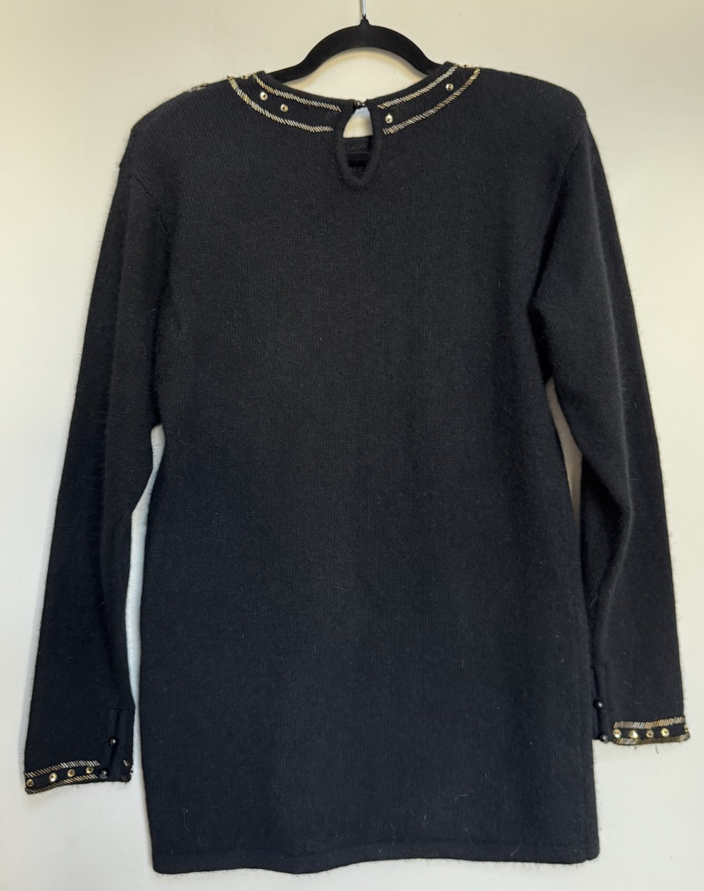 Vtg Boundary Waters Black Angora Lambswool Beaded Sweater Tunic M Embellished