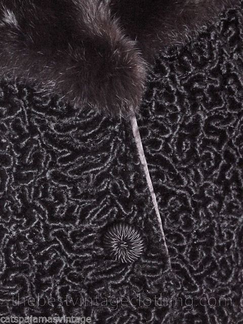 VTG 60s Faux Karakul Lamb Coat Black Rabbit Fur Collar Mob Wife Glam M