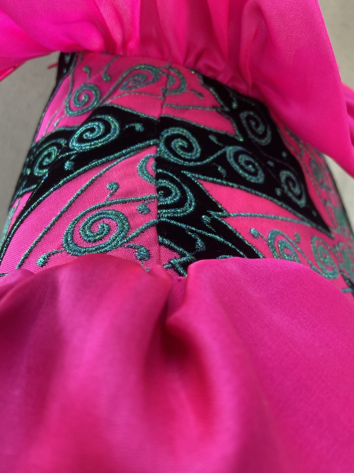 Vtg Amen Wardy designer neon chiffon dress ruffles embroidery XS/S P