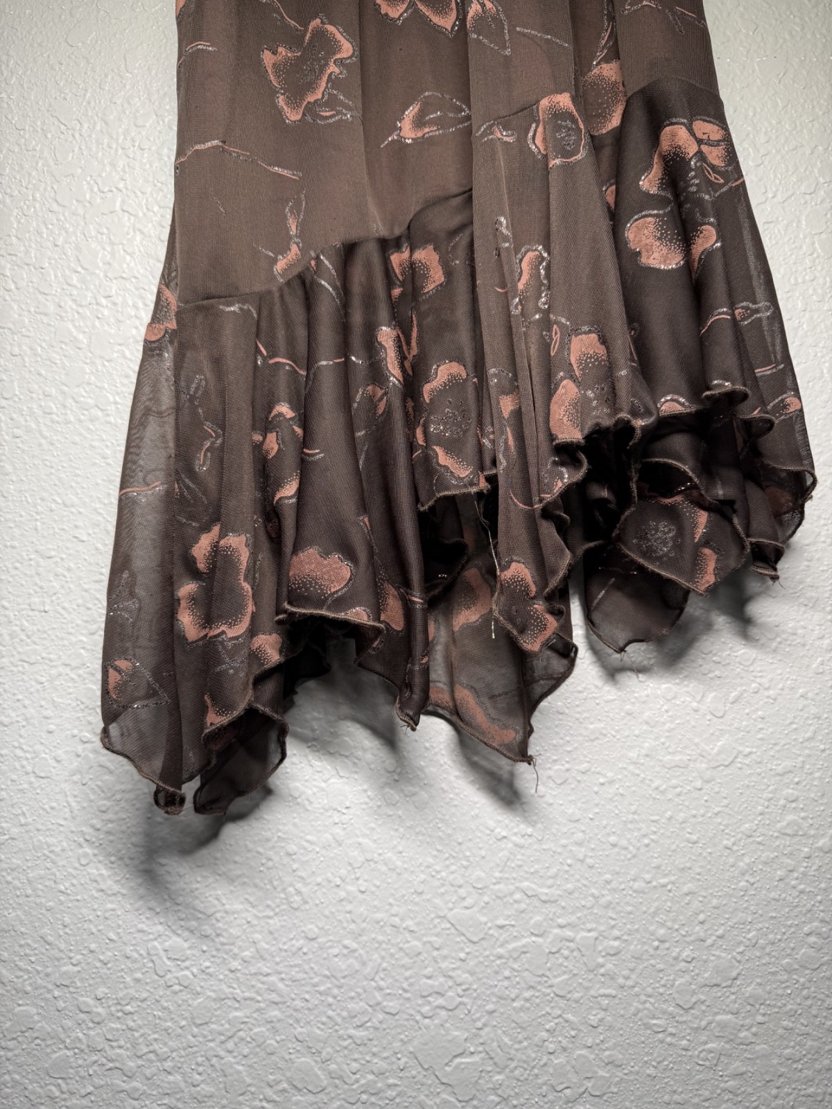 vintage 90s sparkle brown dress ruffle asymmetrical halter flow formal festival
