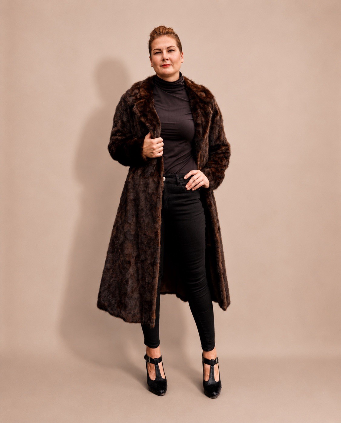 Vintage Full-Length Pieced Ranch Mink Fur Coat Massive Sweep Leather Belt Lux