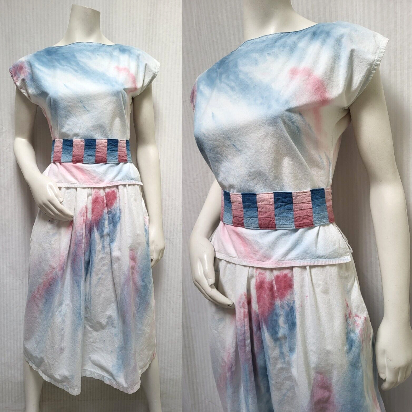 3 Piece Vintage Pink & Blue Tie Dyed Top, Skirt & Patchwork Belt – Size XS – EUC