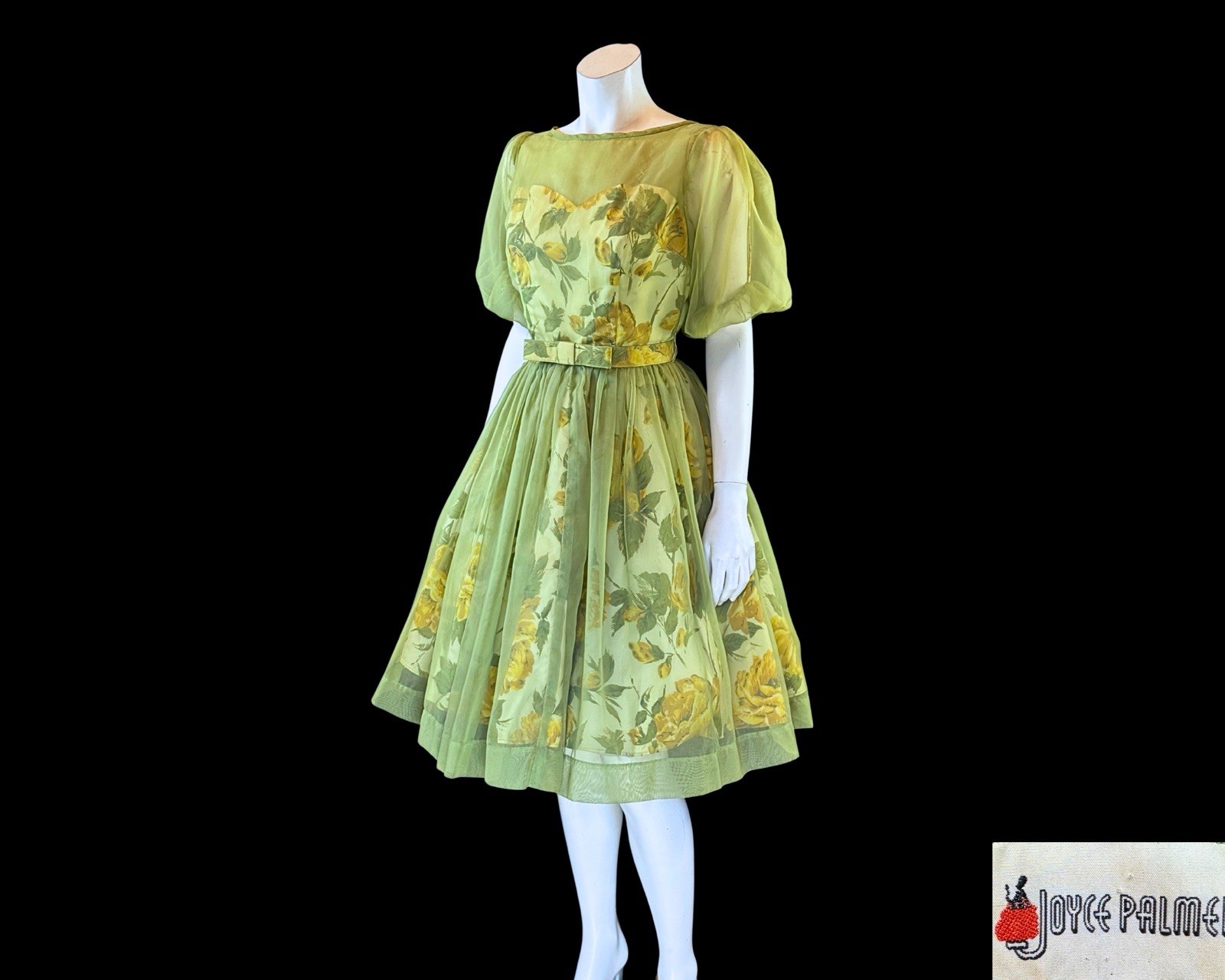 1950s Joyce Palmer Romantic Rose Floral Illusion Dress S