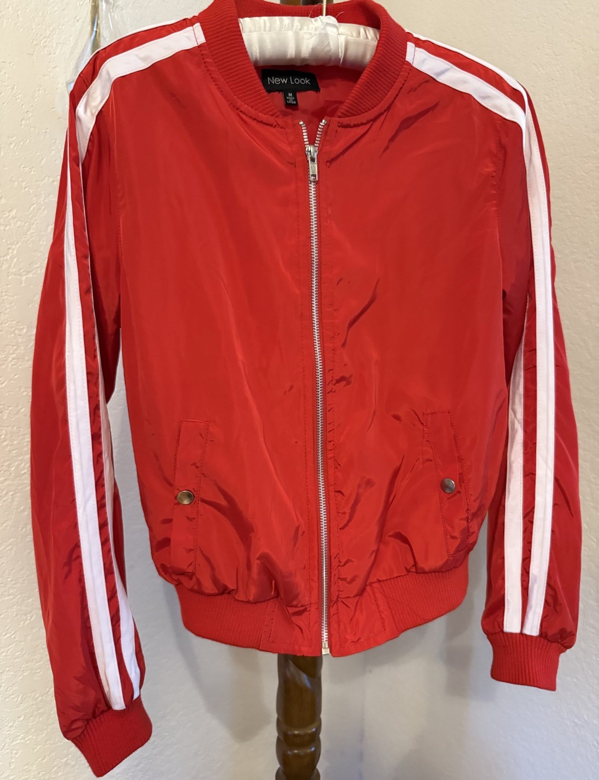 Vintage 1980s New Look Red Track Jacket White Stripes Zip Front NWOT