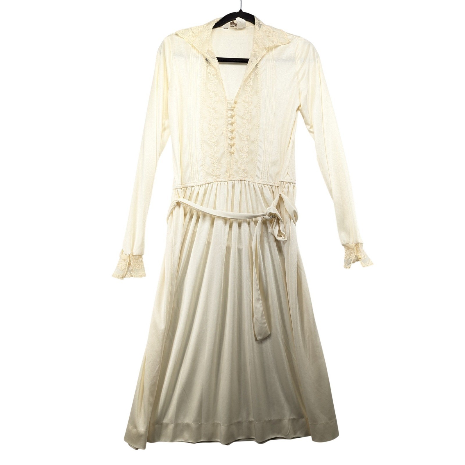 Vintage Montgomery Ward Cream Lace Pintuck Midi Dress Long Sleeve Ivory 10T