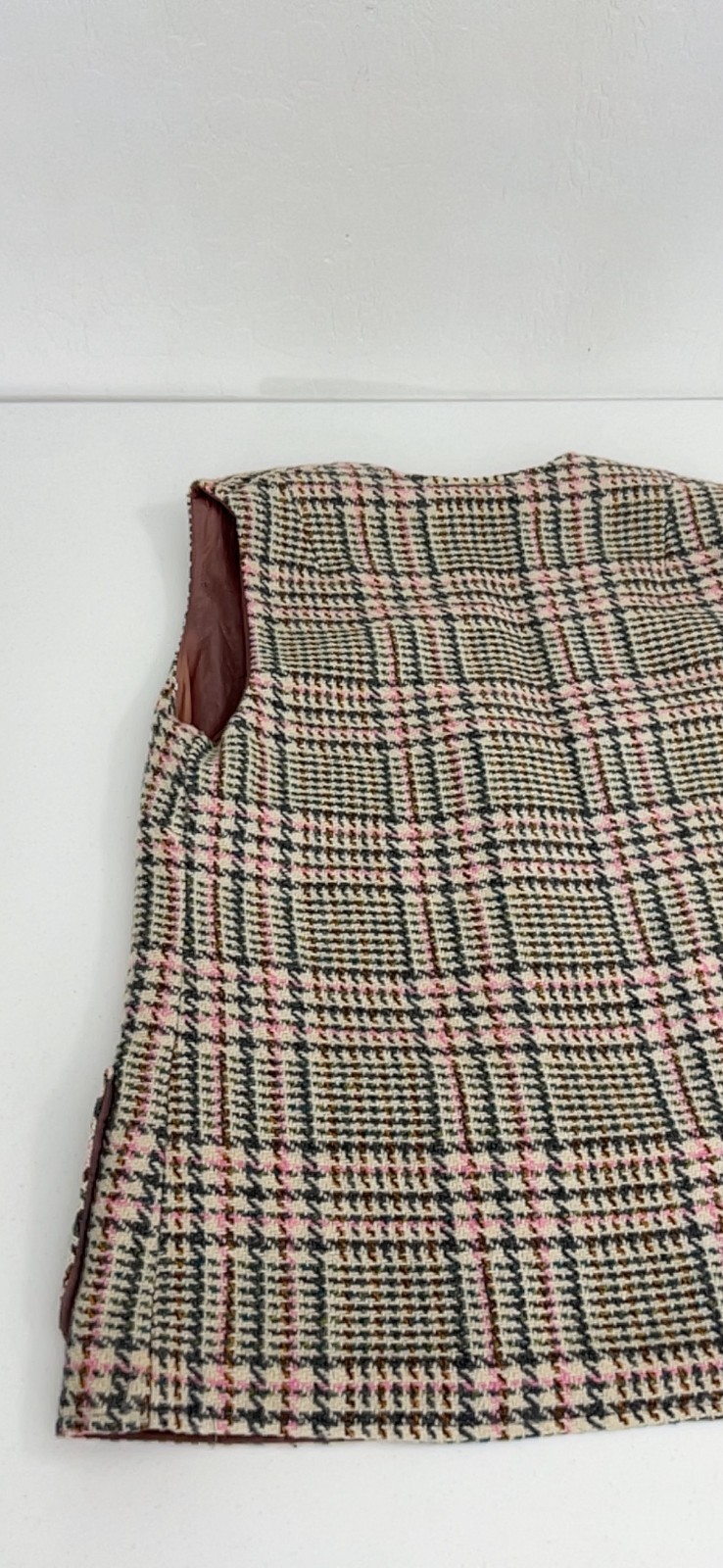 RUSS vtg wool houndstooth vest 12 preppy equestrian academia pink gray beige