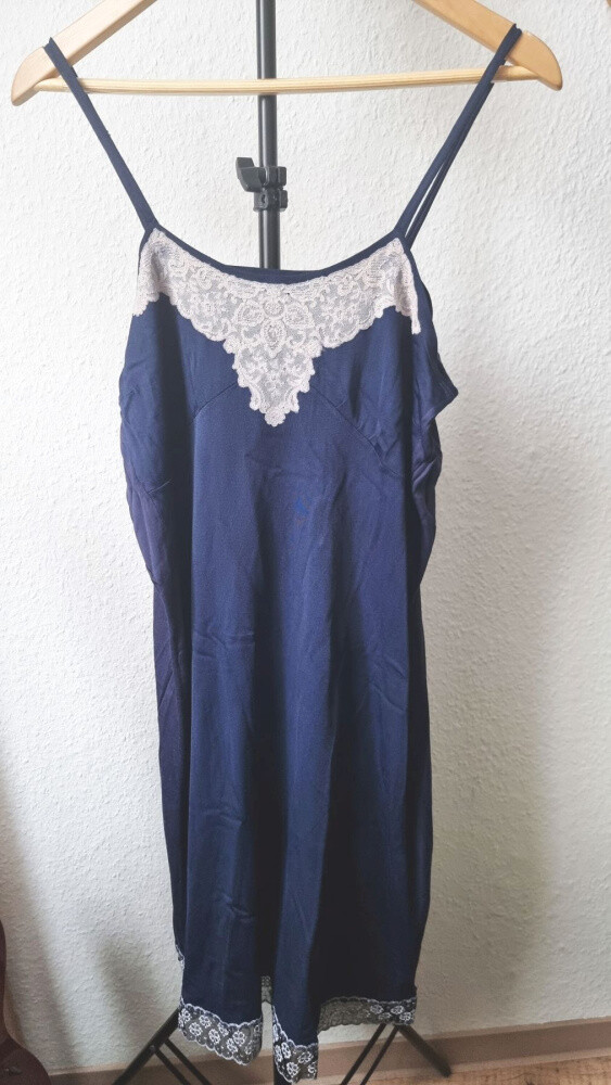 Vintage Slip Dress Navy Blue with White Nightgown Negligee