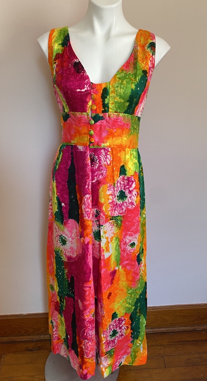 VTG 60s McInerny Psychedelic Hawaiian Sleeveless Button Maxi Dress 8 Medium