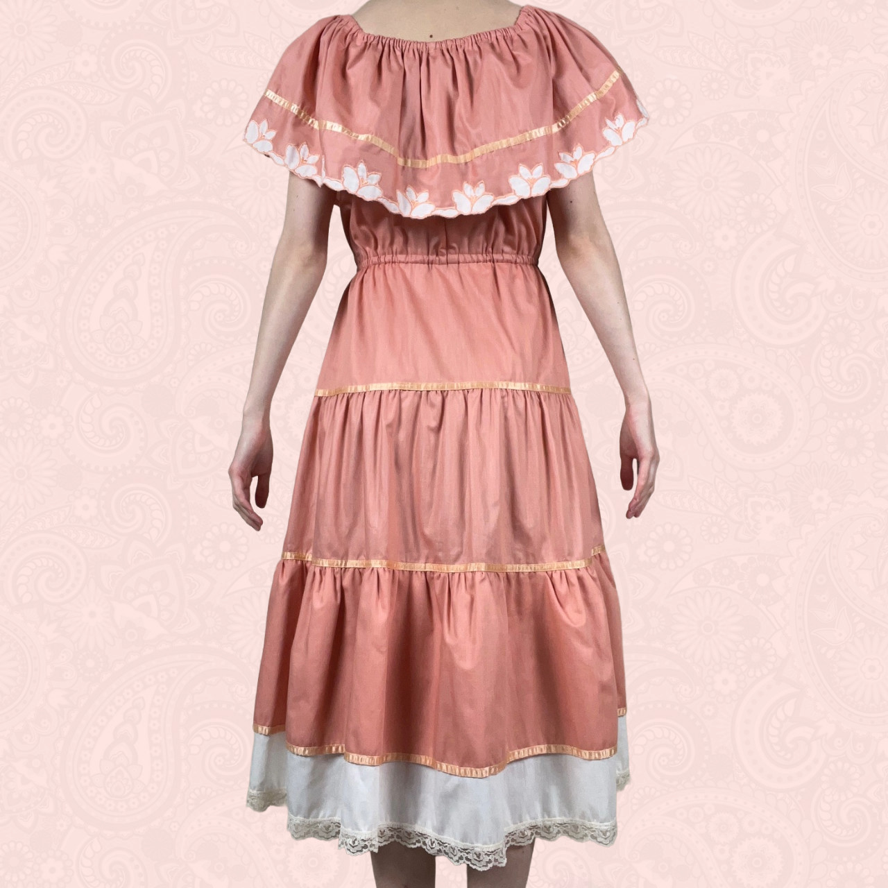 Vintage 70s Young Edwardian Arpeja Pink Off Shoulder Lace Midi Peasant Dress XS