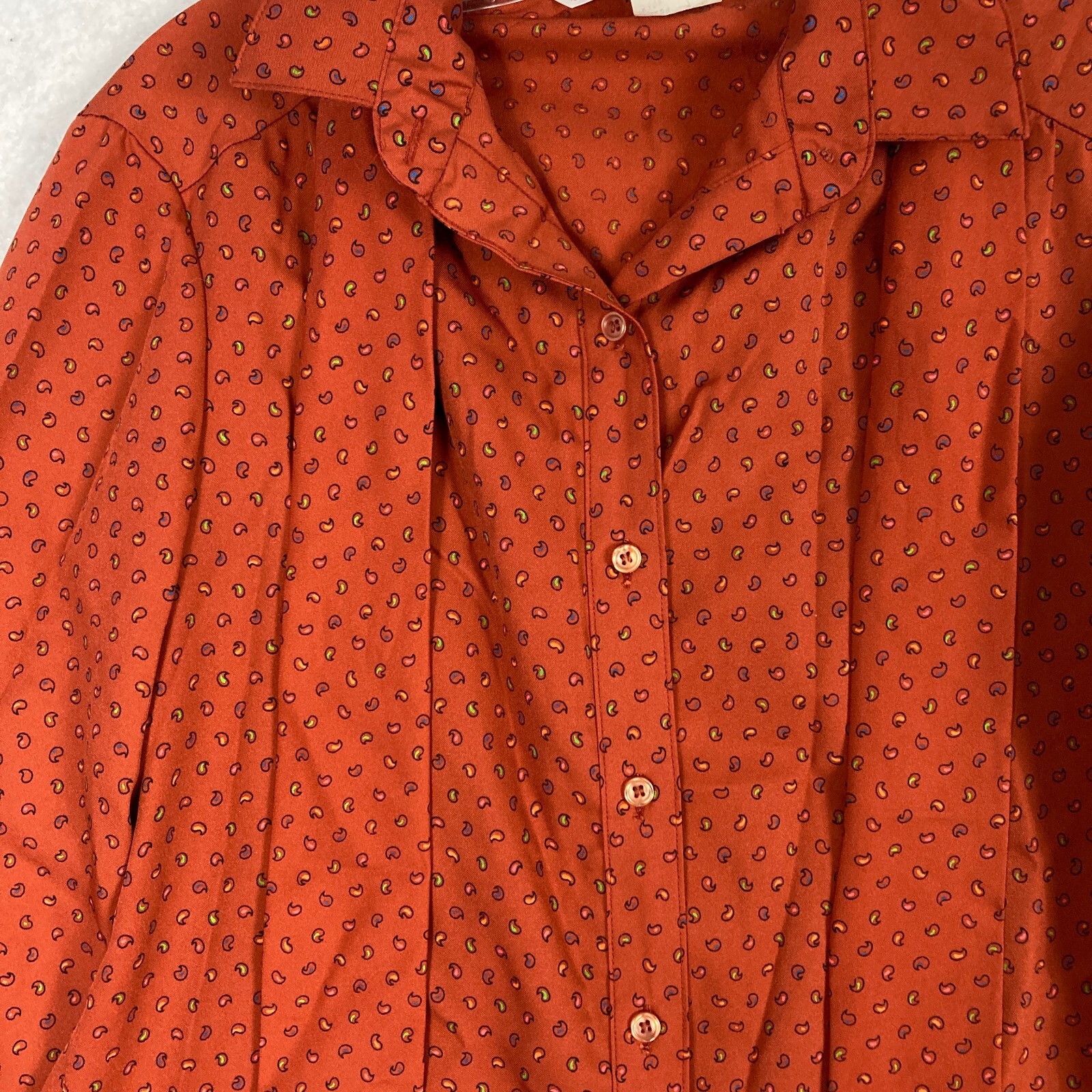 VTG Paisley Blouse 70s Lady Arrow Pussy Bow Burnt Orange Size 10 Boho Fun M