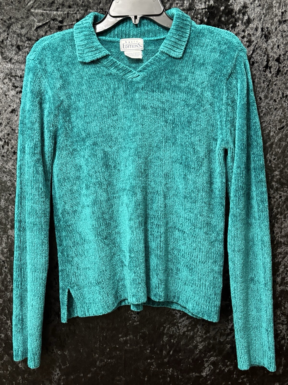 Vtg 90s Basic Editions Womens S Soft Sweater Collared Top Teal Preppy Academia