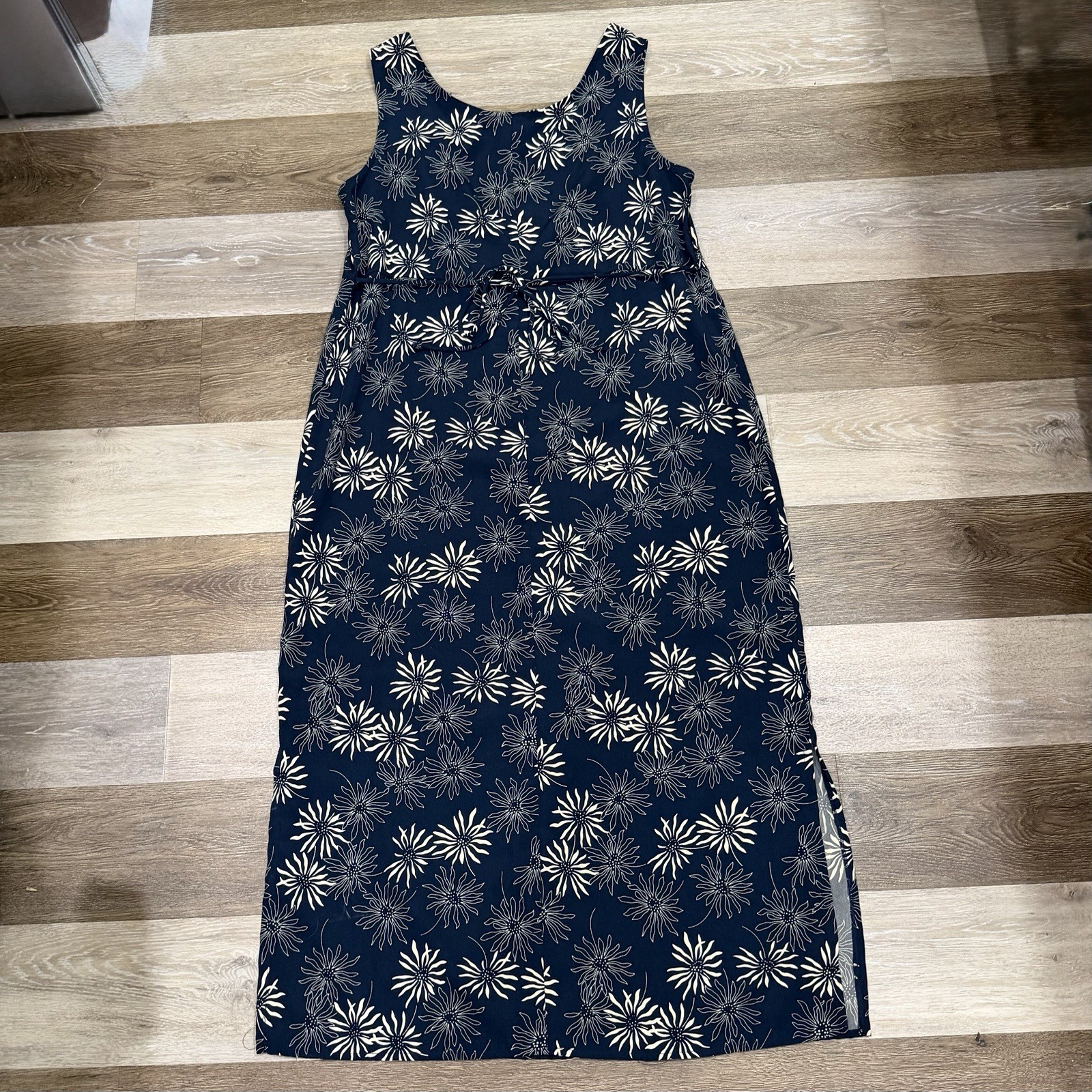 Vtg R&K Originals Maxi Dress Sz 12 Blue Floral Sleeveless Waist Tie EUC!