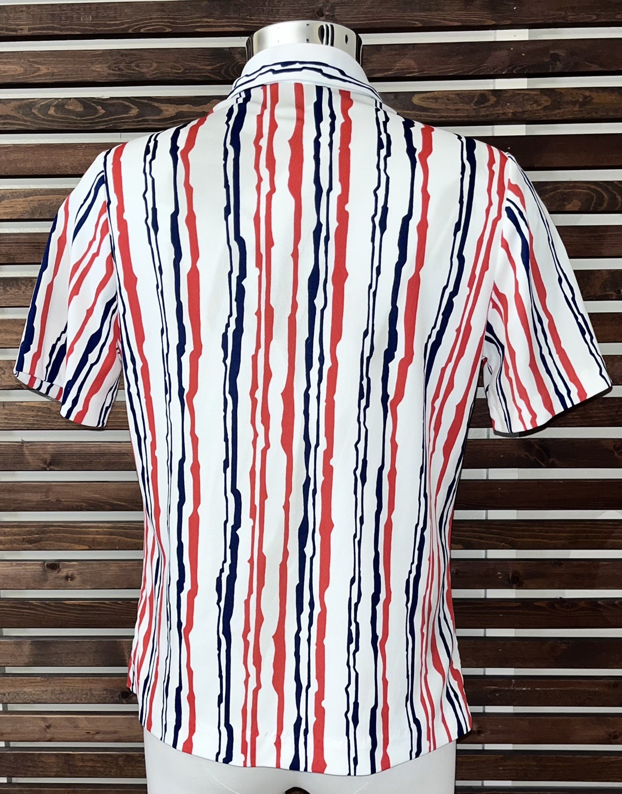 1970s 70s Vintage Red Blue White Striped Button Short Sleeve Graff Blouse Shirt