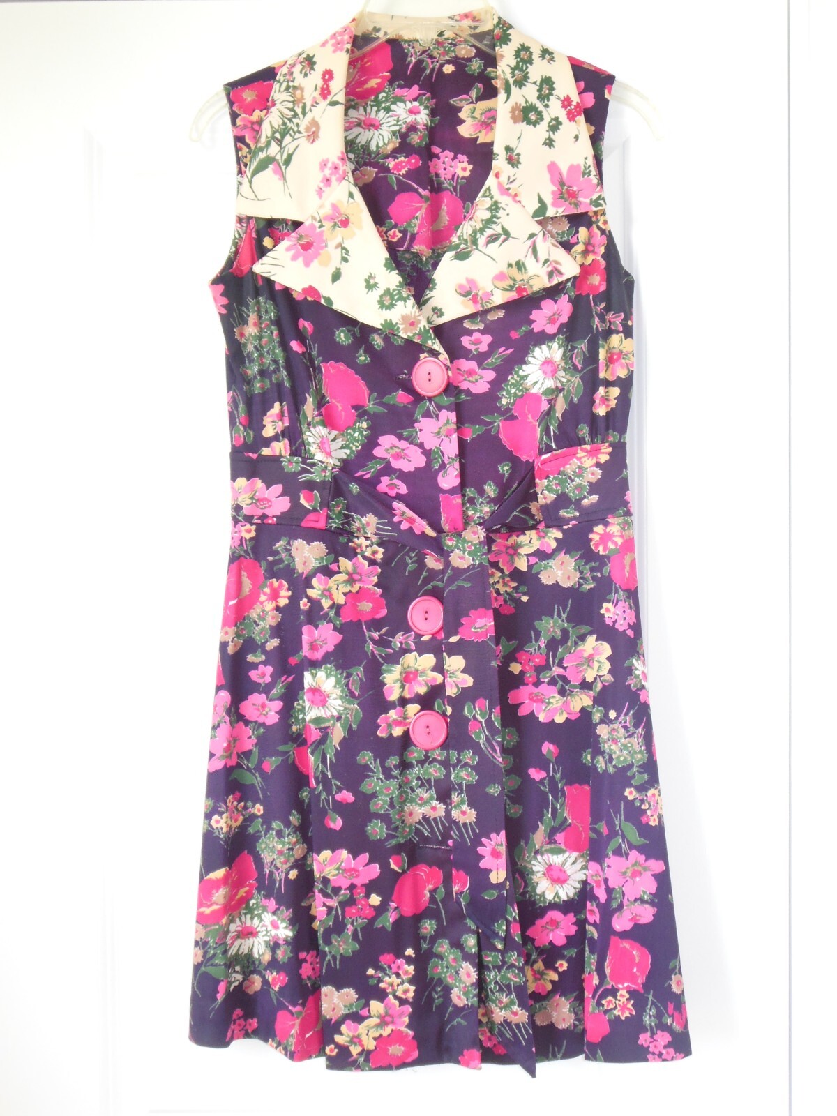 Vintage Floral Dress sz ~S Large Collar Button Front w Belt 60’s 70’s Sleeveless