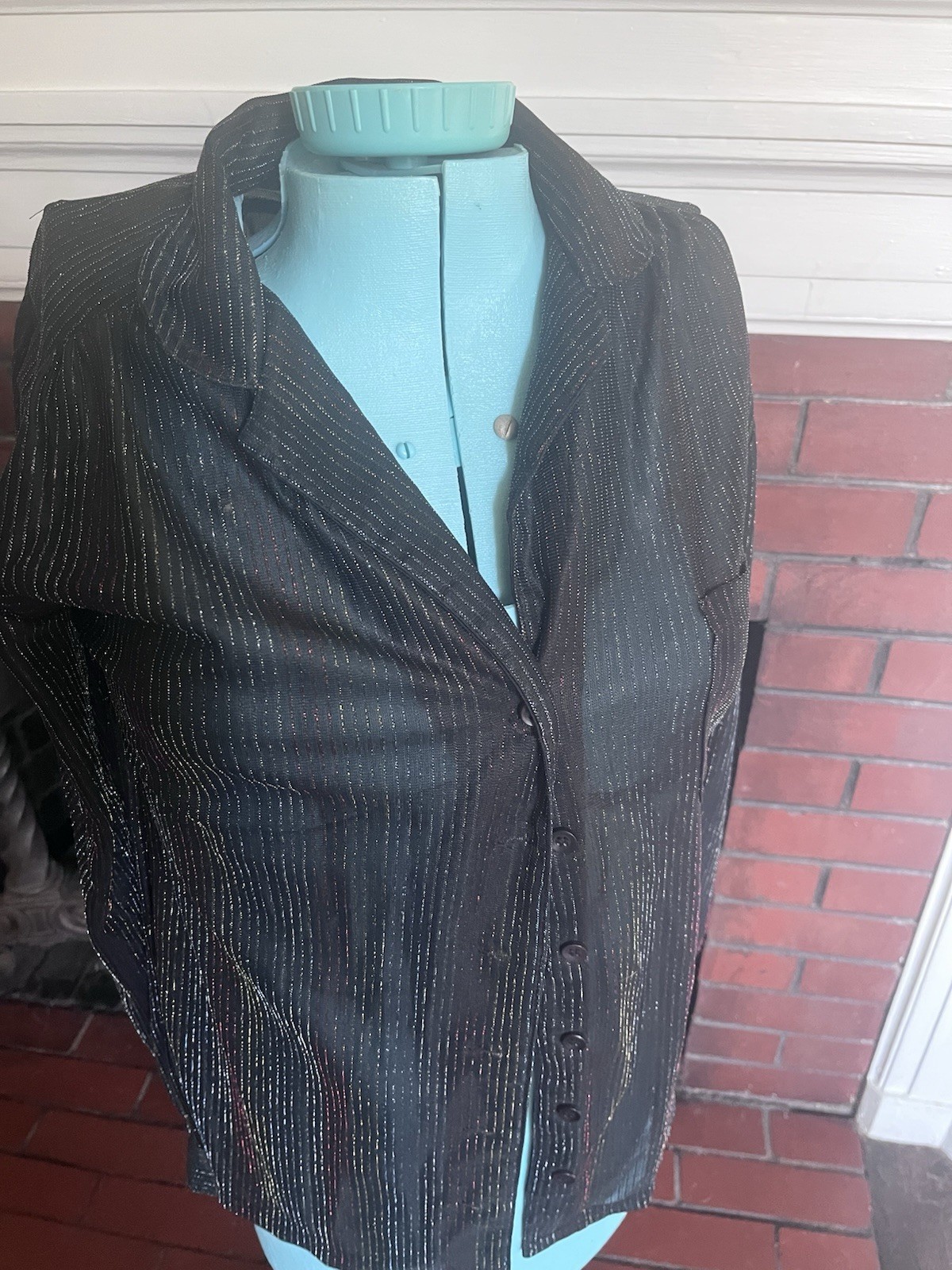 Vintage 80s Tippy Tops Women’s Black Striped Metallic threaded Button down