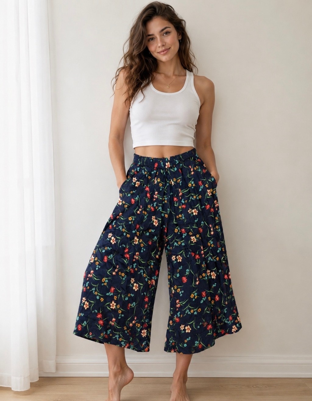 Russ Classic Vintage Womens Elastic Waist Palazzo Pants in Navy Floral Sz MP