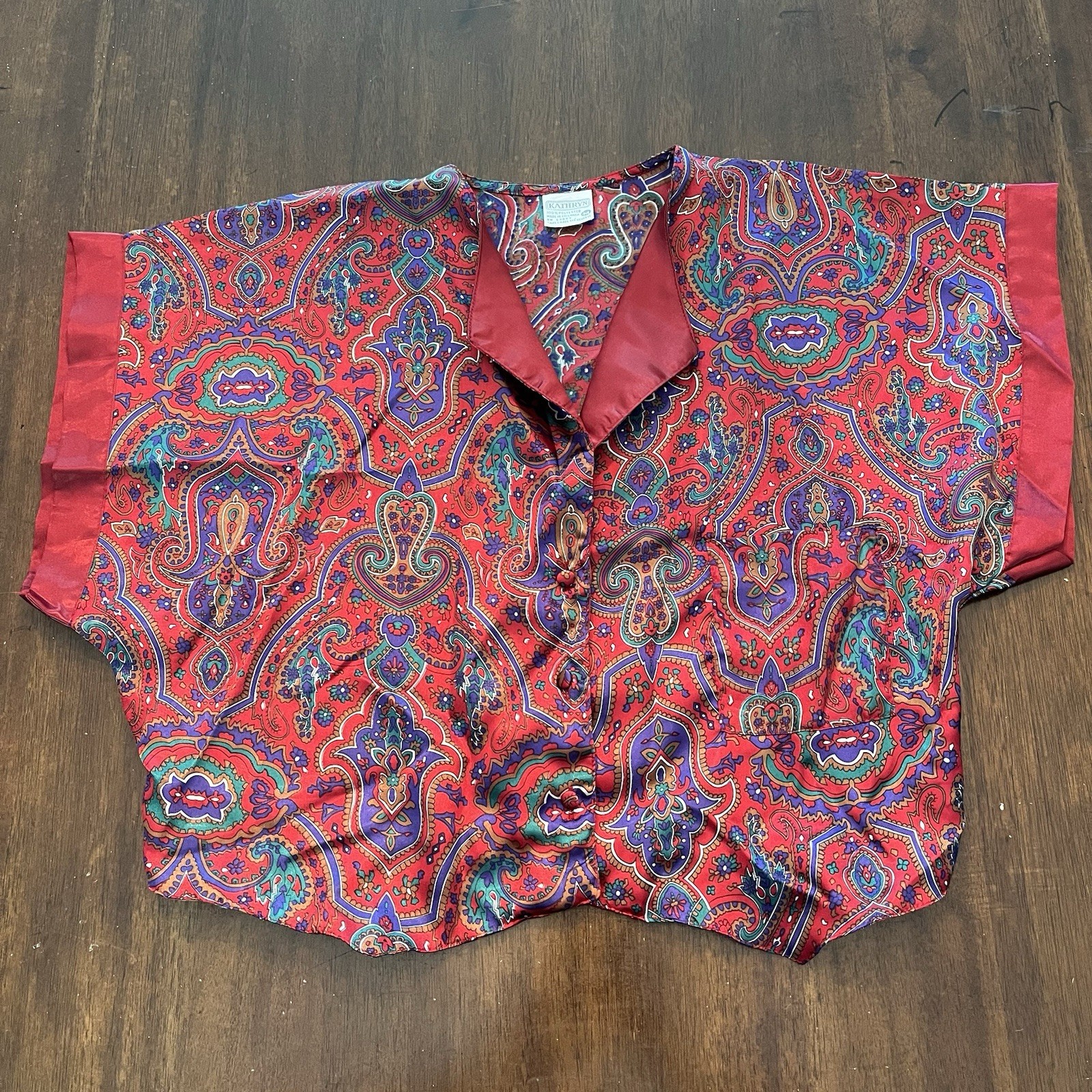 Vtg 90s Kathryn Lingerie Red Multi Paisley Satin Top & Shorts Set Size M