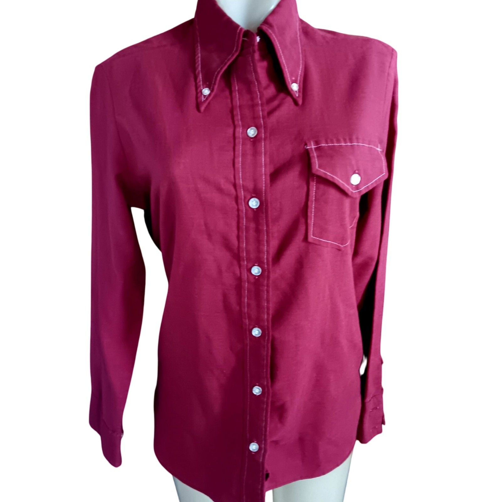 Hippy True Vintage Small Shirt 1970’s Wrangler Burgundy Groove Western sz 34
