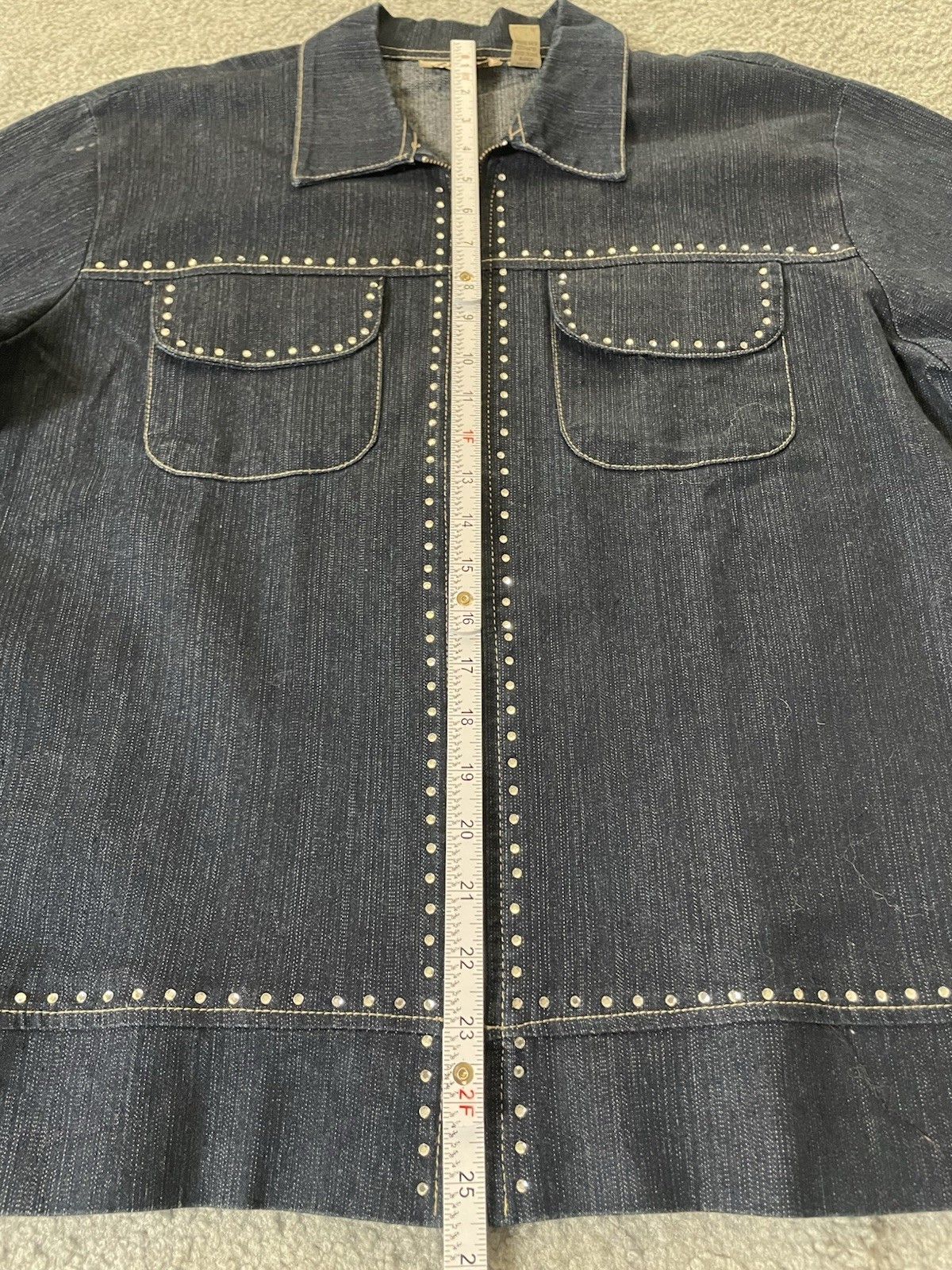 Vtg 80s Beaded Full Zip Jean Jacket Womens 16W Blue Chambray Rhinestones Classic
