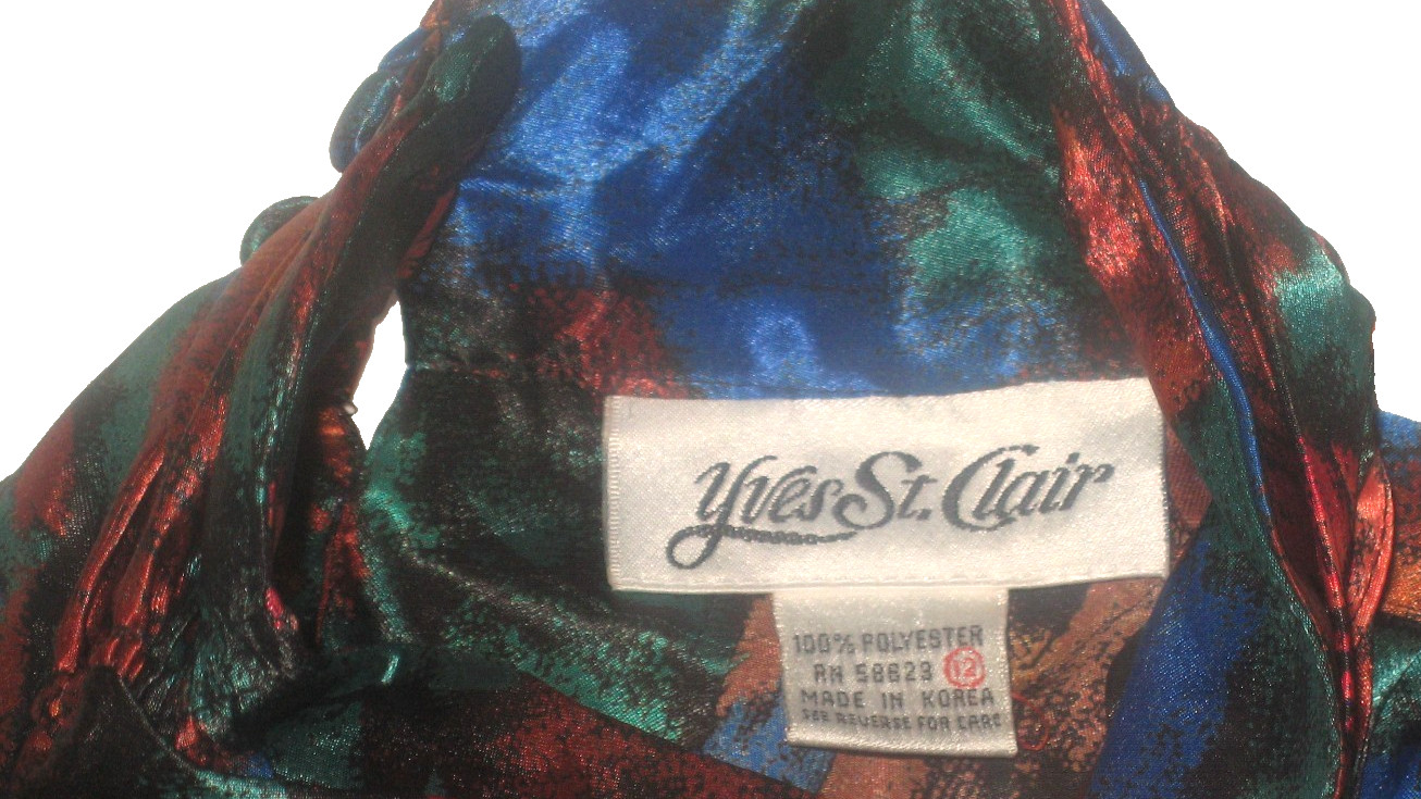 Vintage Yves St. Clair Slinky-Silky L/S Multi-Floral High-Neck Blouse 12 Korea
