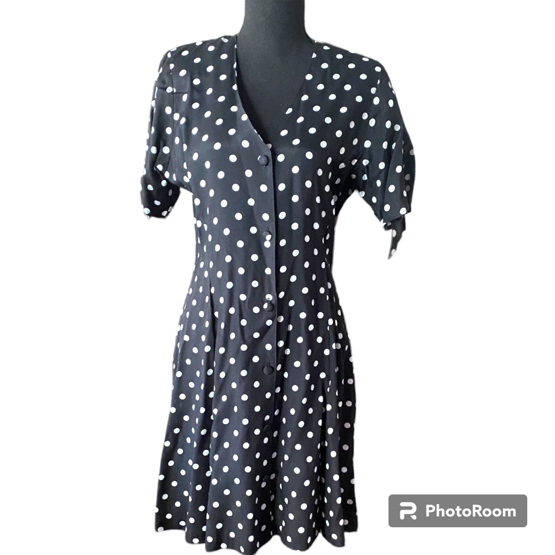 Clio Petites Vintage 80s Women’s button down black/ white Polka Dot Dress sz 8P