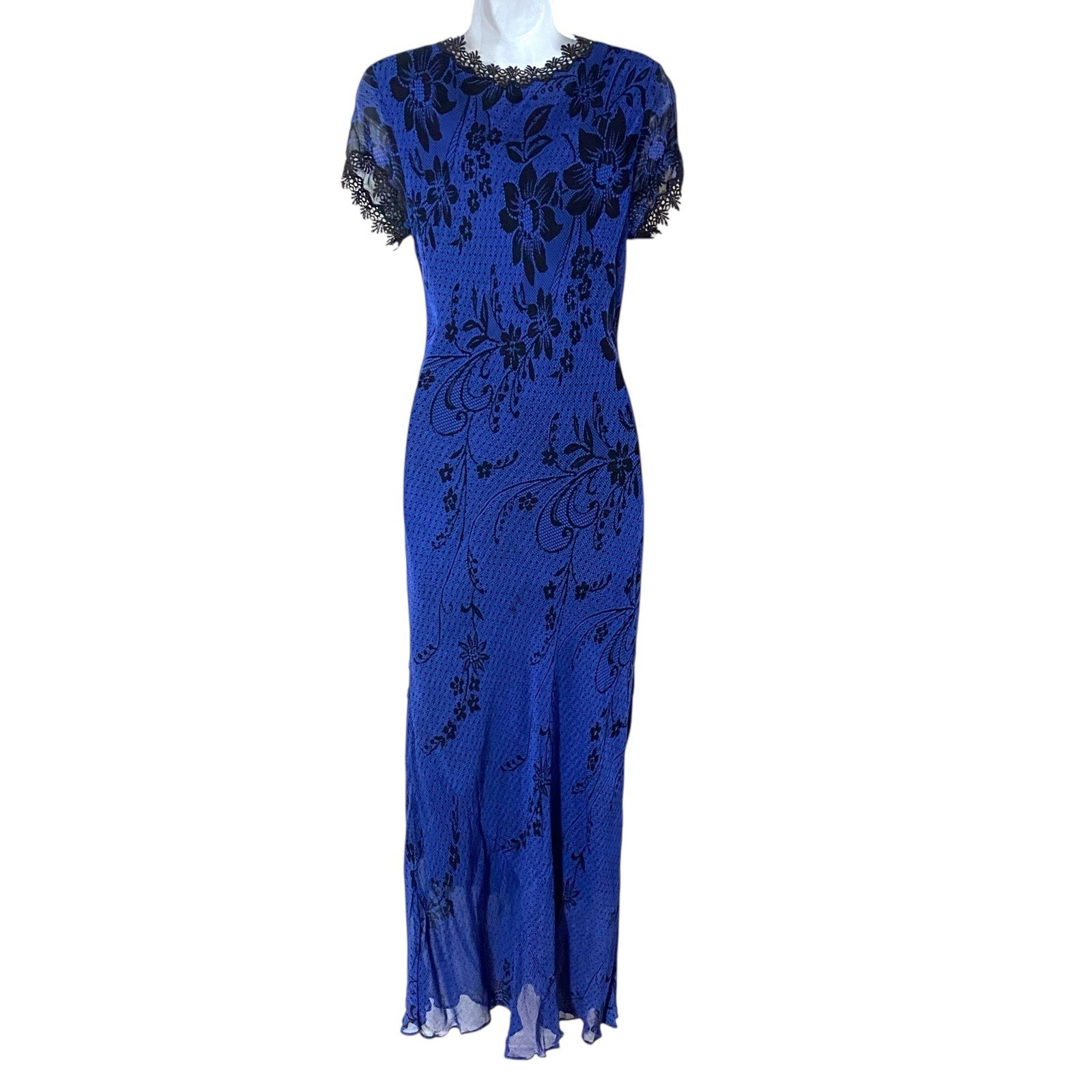 NEW vtg PARADISE NY Black Blue M Floral Bias Beaded Maxi Dress Whimsigoth Fairy